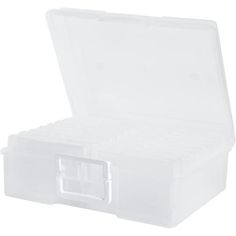 an open plastic storage box on a white background