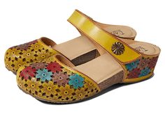 L'Artiste by Spring Step Spikey - Women's Shoes : Yellow Multi : Please note that due to the unique hand-painted design of L'Artiste by Spring Step footwear, the exact design may vary from piece to piece. Add some floral delight to your look in the colorful L'Artiste by Spring Step Spikey closed-toe slip-on sandal. Perforated hand-painted leather upper features cutouts and an adjustable hook-and-loop fastener at instep. Synthetic linings with a cushioned footbed for added comfort. Signature dura L'artiste By Spring Step, Shoes Yellow, Hand Painted Leather, Clogs Shoes, Tortillas, Slip On Sandal, Women's Shoes, Clogs, Heel Height