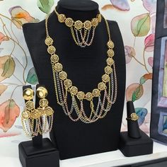 Gold-plated Alloy Necklace, Gold-plated Metal Jewelry Sets, Gold-plated Jewelry Sets For Party, Elegant Gold Dangle Jewelry Sets, Gold Alloy Jewelry Sets For Party, Gold Alloy Party Jewelry Sets, Gold Alloy Dangle Necklaces, Gold Dangle Necklaces In Alloy, Plated Metal Jewelry Sets For Party