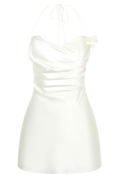 Otillie Rose Halter Mini Dress - White - MESHKI U.S Satin Mini Dress With Ruched Bodice For Wedding, Delicate Fitted Formal Dress, Chic Mini Dress With Fitted Bodice For Bridesmaids, Chic Fitted Bodice Mini Dress For Bridesmaids, Formal Mini Dress With Rose Detail, Chic Bridesmaid Mini Dress With Fitted Bodice, Elegant White Dresses With Rose Detail, Elegant Mini Dress With Rose Detail For Formal Occasions, Feminine Formal Dress With Rose Detail