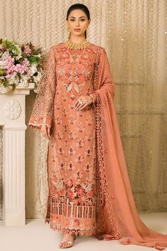 Pakistani Boutique, Peach Melba, Pakistani Designer Clothes, Wedding Dresses Uk, Pakistani Salwar Kameez, Embroidered Chiffon, Embroidered Organza, Luxe Wedding, Formal Dresses For Weddings