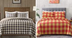 two beds side by side, one with a plaid comforter and the other with a checkered bed cover