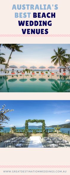 the wedding venue is set up for an outdoor ceremony with palm trees and water in the background