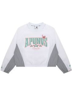 white/grey panelled design graphic print to the front logo patch to the rear mini logo tag V-neck drop shoulder long sleeves elasticated cuffs elasticated hem White Varsity Sweatshirt With Embroidered Graphics, White Athleisure Top With Embroidered Logo, White Embroidered Logo Top Athleisure, White Sporty Sweatshirt With Graphic Print, Sporty Sweatshirt With Elastic Cuffs For Streetwear, White Graphic Print Sweatshirt Sportswear, White College Sportswear Sweatshirt, Varsity Style White Sweatshirt With Graphic Print, White Varsity Sweatshirt With Graphic Print