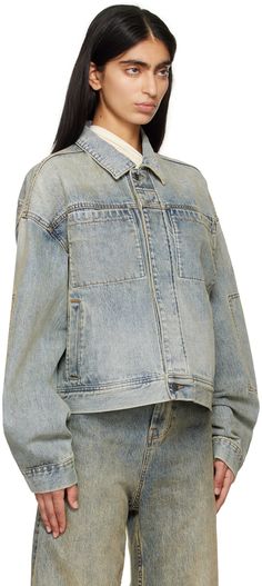 Non-stretch 13.75 oz denim jacket. Fading throughout. · Spread collar · Button closure · Patch and welt pockets · Dropped shoulders · Adjustable single-button barrel cuffs · Adjustable button tabs at back hem · Logo-engraved gunmetal-tone hardware · Contrast stitching in tan Supplier color: Surface wave Entire Studios, Studio Blue, Blue Gems, Contrast Stitch, Welt Pockets, Welt Pocket, Drop Shoulder, Barrel, Denim Jacket