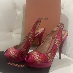 Questions? Leave A Comment Below! Beautiful, Never Worn. Heel 5.5” With 1” Platform. Box, Tissue And Shoe Bag Included. Please Verify Your Shoe Size To Missoni Sizing. Shades Of Shoes -Red, Fuchsia/Hot Pink And Gold. Red Fitted Slingback Pumps For Party, Pink Sandals With 4-inch Heel For Evening, Pink Ankle Strap Slingback Pumps With Branded Heel, Luxury Pink Pointed Toe Slingback Pumps, Luxury Pink Slingback Pumps Pointed Toe, Pink Slingback Pumps With Branded Heel Counter, Pink Slingback Pumps With 4-inch Heel And Ankle Strap, Party Slingback Pumps With Open Heel And Branded Insole, Luxury Pink Slingback Pumps With Open Heel