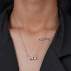 fancy shaped 3-Solitaire necklace in 14KT white gold with IGI certified lab-grown diamonds *Stone: Lab Grown Diamond *Metal:  14k Solid Gold *Net Gold -5.70 gm  *       No. Of Diamond - 3 *       Chain Length - 16,17,18 Inches *Carat - 2.19ct *Diamond color: White *      Silver weight: 5.63 *      Diamond Weight: 1.83 *Handmade item Metal Finishing Available: 14k Solid Yellow Gold, 14k Sold Rose Gold and 14K Solid White Gold    *Gift wrapping available Material This beautiful Necklace and Pendan Luxury Three Stone Diamond White Necklace, Gold Gift Wrapping, Three Stone Diamond, Book Jewelry, Solitaire Necklaces, Gold Gift, Stone Pendant Necklace, Wedding Jewellery Necklace, Diamond Pendant Necklace