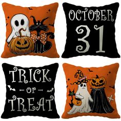 three pillows with halloween decorations on them, one is for trick or treat and the other is for ghost