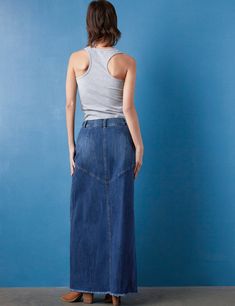 Details of old, made new. Beautiful waist/button detail, with pieced Premium denim construction, the Pieced Denim Maxi Skirt from Wash Lab is a must-own classic. The cover model is 5'9" wearing a size 26 Fabric: 95% Cotton 4% Polyester 1% Spandex Length: 39.25" from waist Denim Blue Recycled Denim Skirt With Pockets, Dark Wash Denim Skirt With Pockets From Recycled Material, Dark Wash Recycled Denim Skirt With Pockets, Dark Wash Denim Skirt With Pockets In Recycled Denim, Blue Recycled Denim Skirt For Spring, Summer Recycled Denim Skirt In Denim Blue, Casual Blue Recycled Denim Skirt, Spring Blue Recycled Denim Skirt, Fitted Recycled Denim Skirt With Pockets