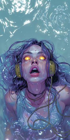 a woman floating in the water with headphones on her ears and eyes glowing yellow