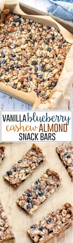 homemade vanilla blueberry cashew almond snack bars on a baking sheet with the text overlay