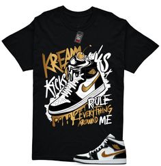 Custom Tees made to match your sneakers! The perfect shirts for matching your shoes with your outfit. This t-shirt is made to go with the Jordan 1 Metallic gold Patent Black. Shipping: * Items ship within 1-3 business days. * Tracking information included! * Please verify your shipping address is 100% accurate during checkout. The unisex heavy cotton tee is the basic staple of any wardrobe. It is the foundation upon which casual fashion grows. All it needs is a personalized design to elevate thi Gold Crew Neck Top With Logo Print, Casual Gold T-shirt With Logo Print, Gold Crew Neck T-shirt With Text Print, Gold Crew Neck T-shirt With Letter Print, Gold Casual T-shirt With Letter Print, Gold Tops With Logo Print For Streetwear, Gold Cotton T-shirt With Text Print, Gold Graphic Tee For Streetwear, Gold Graphic Tee With Letter Print