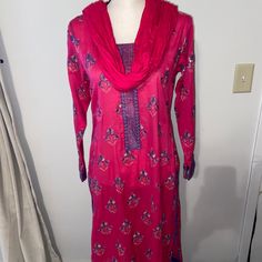 Pakistani Indian Three Pieces Suit.Brand Bareeze.Shirt Embroidered.Color Magenta. Brand New. Sz Approx Bust 19.5” Waist 17.5” Hip 22” Length 42.5” Shalwar 36.5”. Shirt Have Beautiful Laces With Blue Piping. Magenta Color, Color Magenta, Pakistani Dresses, Piping, Midi Dress, Womens Dresses, Brand New, Lace, Pink