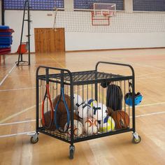 Black Metal Rolling Sports Ball Cage Storage Hopper, Gym Equipment Basket Cart with Lockable Latch, Wheels, and Hooks-MyGift Basketball And Volleyball, Soccer Training Equipment, Sports Equipment Storage, Equipment Storage, Sports Coach, Caster Wheels, Sports Balls, Safety Belt, Soccer Training