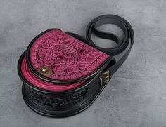 "Pink leather bag, pink shoulder bag, round leather bag, pink leather purse, crossbody bag, tooled pink bag, gift for her, embossed bag Model \"Guelder rose\" Unique handmade bag made of premium 4 mm genuine calf leather. Made using rare technology of hot tooling. Super comfortable, durable and functional. Has one big compartment, one internal zip-pocket and one button pocket, e.g. for cell phone or keys. 22x20x8 cm (8.3x7.9х3.1 in) Strap length 140 cm (55 in) Please note! Since each item in my Handmade Pink Leather Bags, Pink Handmade Leather Shoulder Bag, Handmade Pink Leather Shoulder Bag, Guelder Rose, Pink Leather Bag, Pink Shoulder Bags, Embossed Bag, Pink Shoulder Bag, Wide Leather Belt