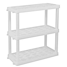 three tiered shelf with holes on the bottom and bottom, in white plastic material