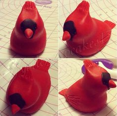 four pictures of a red plastic bird with black beaks and two other images of it's head