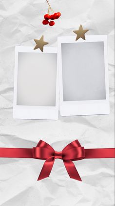 two white frames with red ribbon and stars on them, next to a cherry ornament