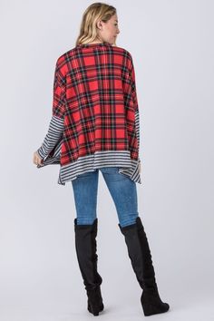 95% Polyester 5% Spandex Made in the USA Multicolor Free-size Tunic Kimono, Multicolor Poncho For Spring, One Size, Flowy Multicolor Tunic Cover-up, Red Long Sleeve Poncho, One Size, Plaid Capes, Cape Style, Plaid Tunic, Lounge Pants, Women's Plaid Shirt