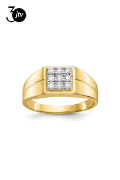 10K yellow gold polished men's ring with a square cluster of nine round cubic zirconia stones. Band width measures approximately 1/8". Polished Man, Ring Spacer, School Jewelry, Popular Jewelry, Cubic Zirconia Rings, Men's Ring, Gold Polish, Womens Glasses, Jewelry Maker