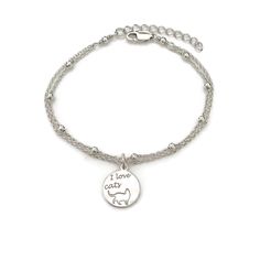 "Sterling silver 'I love cats' bracelet. This double strand sterling silver bracelet is a fun design to wear and will make a perfect gift for cats lover or for yourself. Sterling silver charm measures 14x12mm. All components are sterling silver. Adjustable length from 6.5\" to 7.5\". Please leave a note during checkout if you need different length. PERSONALIZATION: Add an initial charm here: etsy.me/2vqe7pr Add a sterling silver cubic zirconia birthstone here: etsy.me/2O4TBFR Add a Swarovski cry Owl Bracelet, Angel Bracelet, Sterling Silver Owl, I Love Cats, Cat Bracelet, Sterling Silver Cat, Owl Jewelry, Silver Cat, Double Chain