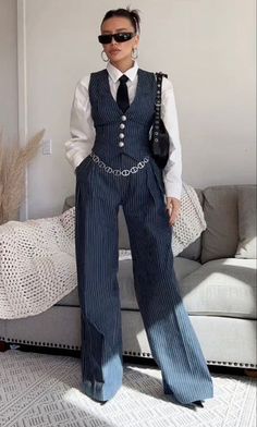 Pinstripe Wide Leg 2-piece Suit (PRE-ORDER) – Luxandluxy Pantsuit For Women, Woman Pantsuit, Lady Pants Suit, Suit And Heels Outfit, Women In Corset Suits, Womens Two Piece Suit, Two Piece Suits, Women Navy Blue Suits, Y2k Suit Women