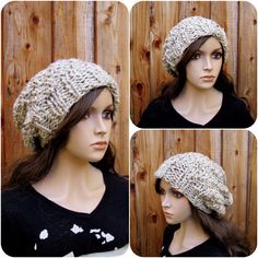 three pictures of a woman's hat on top of a mannequin head