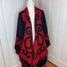 Beautiful Black & Red Poncho One Size Fabric Is 100% Acrylic Black Shawl Poncho One Size, Black Poncho With Scarf, One Size, Black Poncho With Scarf One Size, Red One-size Cape Shawl, Red Cape Shawl For Winter, Red Winter Cape Shawl, Black Cape Shawl For Fall, Red Shawl Outerwear For Winter, Red One Size Cape