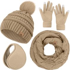 a hat, scarf, mittens and gloves are shown in the image on a white background