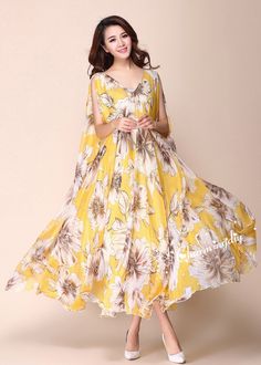 Chiffon V Neck Yellow Flower Long Party Dress Evening Wedding Lightweight Sundress Summer Holiday Beach Dress Bridesmaid Dress Maxi Skirt MD05 Detail Info: ❤ Color: Yellow flower as picture, flower N. More color choice link: https://www.etsy.com/listing/213656440/chiffon-dress-color-card?ref=shop_home_feat_1 Please just note the color number you want with order. ❤ Material: Chiffon ❤ The dress doesn't limit the chest size and waitst size, arm hole 45cm (if your upper arm circle circumference is Bridesmaid Maxi Skirt, Maternity Photo Dresses, Floral Long Frocks, Picture Flower, Fashion Costume Halloween, Pictures Outfits, Summer Maternity, Simple Frocks, Wedding Dress Flowy