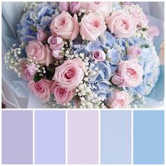 a bouquet of pink roses and blue hydrangeas