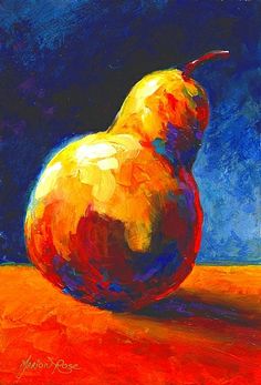 an oil painting of a pear on a blue and red background with the word happy written below it