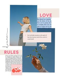 a collage of photos with the words love, rules and flowers on it's side