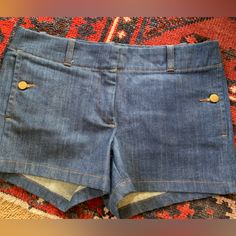 J. Crew Denim Trousers - Lightly Worn And Look Brand New - Gold Buttons On Front And Back Of Shorts Fitted Straight Leg Jean Shorts With Pockets, Chic Dark Wash Fitted Jean Shorts, Chic Fitted Dark Wash Jean Shorts, Chic Fitted Mid-rise Jean Shorts, Fitted Dark Wash Straight Leg Shorts, Fitted Straight Leg Dark Wash Shorts, Fitted Straight Leg Jean Shorts With Belt Loops, Fitted Short Jeans In Medium Wash, Mid-rise Denim Shorts For Work