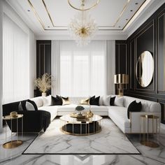 an elegant living room with black and white furniture, gold accents and chandelier