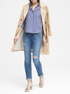 Petite Quinn Boy-Fit Stripe Super-Stretch Shirt | Banana Republic Spring Stretch Blouse For Business Casual, Fitted Fall Blouse With Shirttail Hem, Casual Slim Fit Blouse For Business Casual, Fall Business Casual Tops With Roll-up Sleeves, Stretch Cotton Fall Shirt, Stretch Shirt With Button Closure For Spring, Spring Collared Blouse In Slim Fit, Stretch Shirt For Workwear In Fall, Stretch Shirt For Fall Workwear