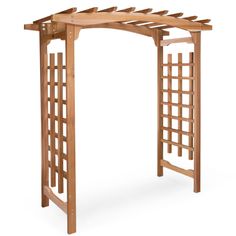 a wooden arbor with lattices on the top and bottom part, in front of a white background