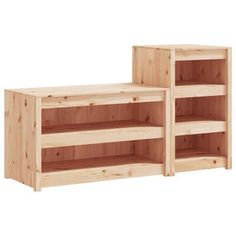 two wooden shelves sitting next to each other