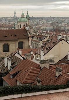 the rooftops of old buildings are covered in red tile