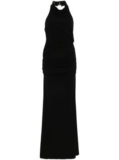 black textured finish ruched detailing rear button fastening concealed rear zip fastening halterneck draped detailing open back straight hem long length Chic Ruched Maxi Dress For Formal Occasions, Chic Formal Maxi Dress With Ruched Sides, Evening Halter Neck Ruched Maxi Dress, Ruched Halter Neck Evening Dress, Formal Pre-draped Halter Neck Maxi Dress, Halter Neck Ruched Evening Dress, Elegant Sleeveless Maxi Dress With Ruched Sides, Elegant Dinner Maxi Dress With Ruched Bodice, Maxi Length Evening Dress With Ruched Bodice For Dinner