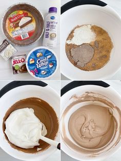 four pictures showing how to make chocolate cake batter in a bowl with whipped cream on top