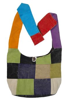 a multicolored bag with two handles and one strap hanging from the front, on a white background