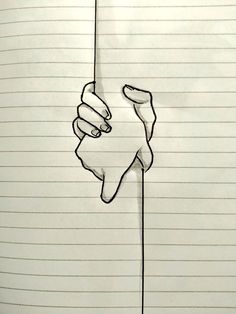 a drawing of a hand holding on to a pole with lines in the paper behind it