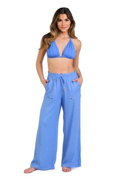 Drawstring ties with goldtone tips bring casual-cool style to these airy smocked-waist pants with breezy wide legs for poolside perfection. 30 1/2" inseam; 27" leg opening; 12 1/2" front rise; 15" back rise (size medium) Elastic/drawstring waist Side-seam pockets 80% rayon, 20% linen Hand wash, line dry Imported Chic Bottoms For Day Out During Resort Season, Beach Vacation Bottoms With Pockets, Chic Linen Wide Leg Pants With Drawstring, Beachwear Bottoms With Drawstring For Beach, Beachwear Bottoms With Drawstring, Blue Tie Waist Bottoms For Beach Season, Summer Bottoms With Tie Waist For Poolside, Blue Bottoms With Tie Waist For Beach Season, Summer Vacation Bottoms With Drawstring