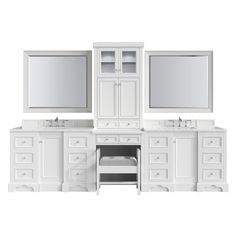 a white bathroom vanity with two mirrors above it and an open cabinet below the sink