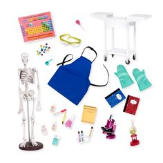 an assortment of toys including a skeleton and other medical items on a white background with clippings