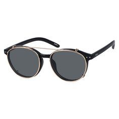 These chic and modern eyeglasses have an ultra-urban vibe that will appeal to both men and women. This full-rim round style features a keyhole bridge which helps eliminate pressure from the top of the nose. The color options include classic black with silver accents at the tops of the rims and temple arms. The gold clip-on sunshades have four sturdy hooks for driving and outdoor adventures. | Zenni Punk Round Prescription Eyeglasses W/ Snap-On Sunlens Black Plastic Retro Outdoor Sunglasses With Round Frame, Retro Round Frame Sunglasses For Outdoor, Retro Round Frame Outdoor Sunglasses, Mirrored Lenses Round Frame Sunglasses With Adjustable Fit, Adjustable Round Frame Sunglasses With Mirrored Lenses, Mirrored Round Frame Sunglasses, Modern Round Aviator Sunglasses With Uv Protection, Trendy Aviator Sunglasses With Mirrored Round Frame, Adjustable Round Frame Tinted Sunglasses