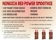 Ningxia Red Power Smoothie Young Living http://kmbrmky.wix.com/naturesrainbow#!essential-oil-information--recipes/cbkl Red Recipes, Living Oils Recipes, Cooking With Essential Oils, Power Smoothie, Young Living Essential Oils Recipes