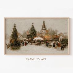 an old fashioned christmas scene with people and trees in the foreground, surrounded by snow