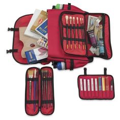 an open red travel bag filled with makeup and toiletry items on a white background